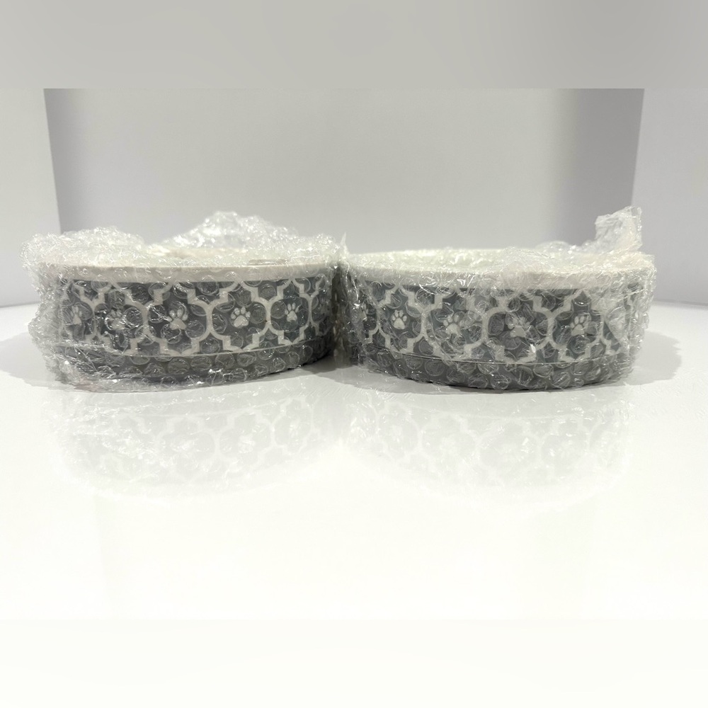 Pet Food Dish Bowls Set of 2 Water Grey Gray Ceramic Cats Dogs Paw Prints Medium